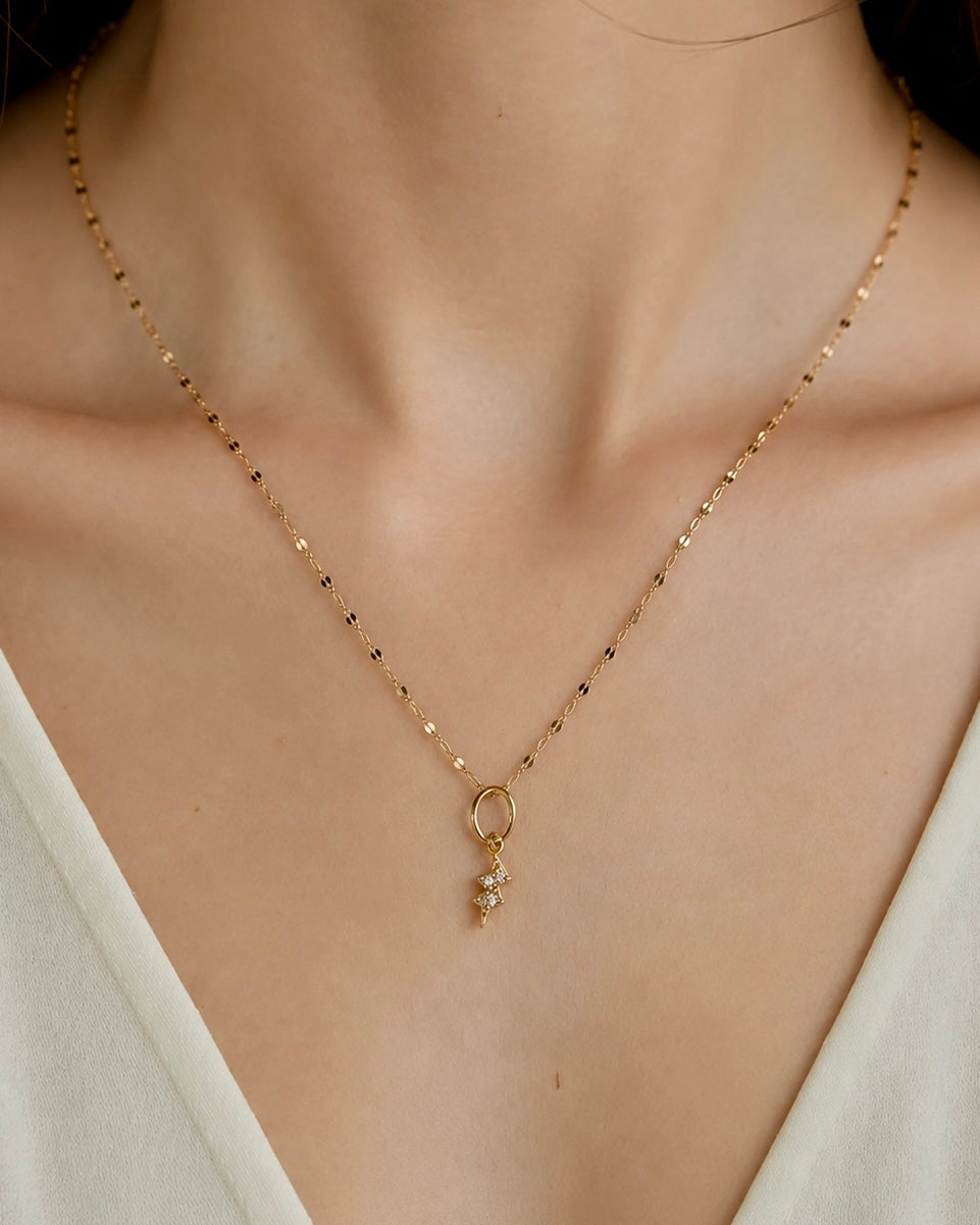 14K Solid Gold Diamond Lightning Bolt Necklace