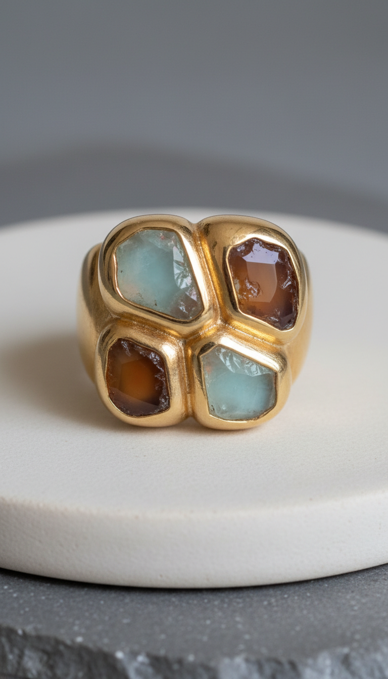 Chunky Gold Vermeil Ring with Quartz Inlay